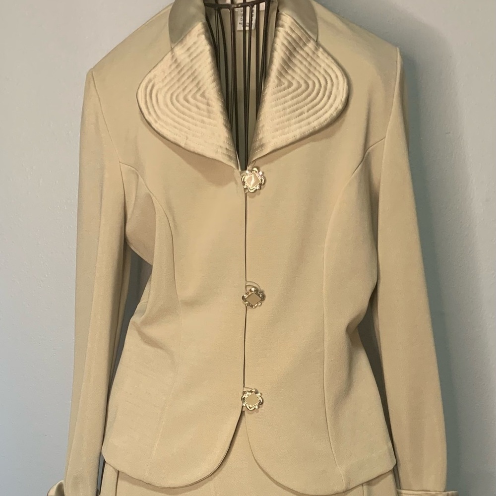 Vintage Lori Weidner Evenings Ivory 2 piece Suit 6 Satin Belted Blazer Skirt